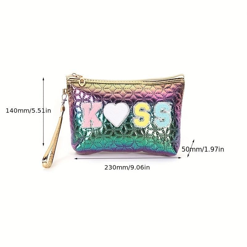 Embroidered Letter Patch Makeup Bag with Wrist Strap
