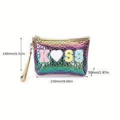 Embroidered Letter Patch Makeup Bag with Wrist Strap