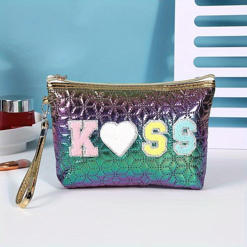 Embroidered Letter Patch Makeup Bag with Wrist Strap