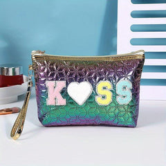 Embroidered Letter Patch Makeup Bag with Wrist Strap