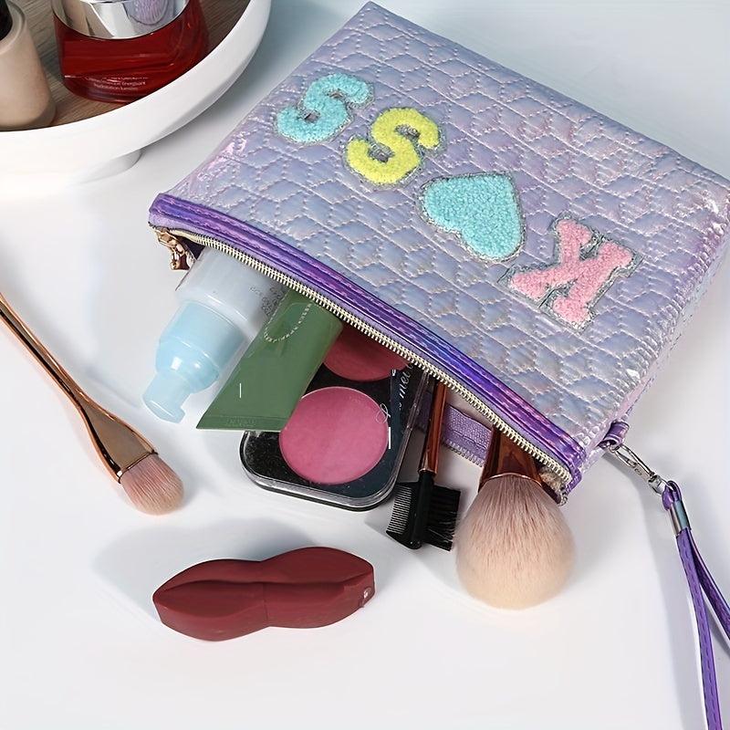Embroidered Letter Patch Makeup Bag with Wrist Strap