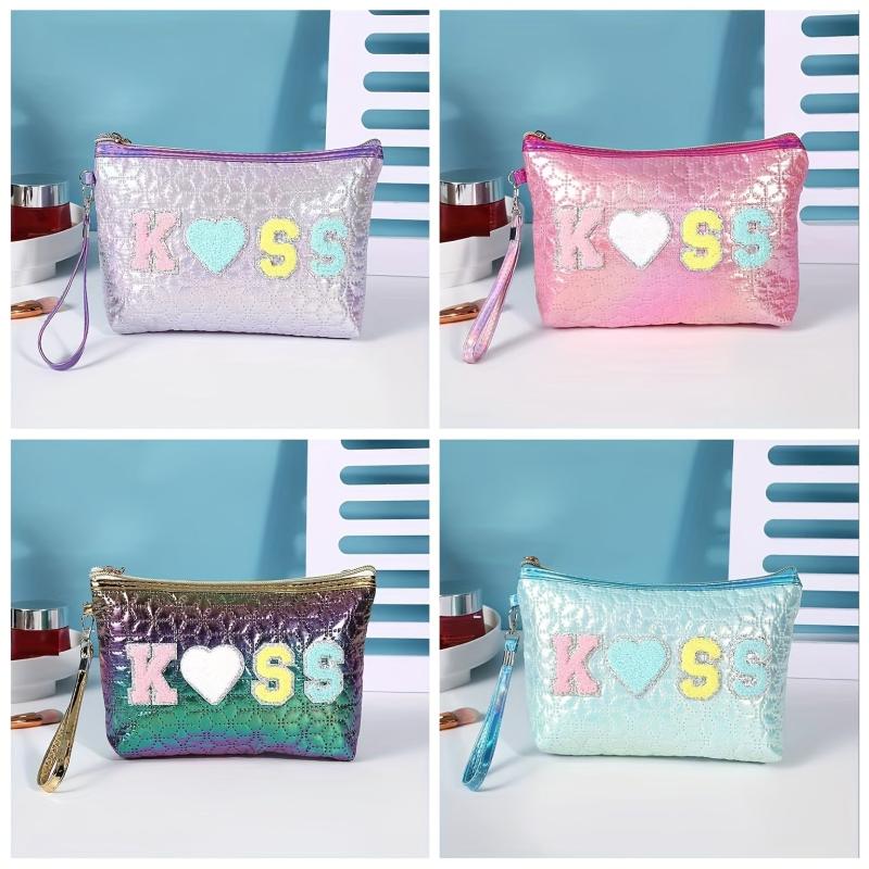 Embroidered Letter Patch Makeup Bag with Wrist Strap