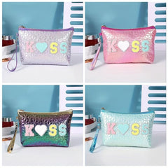 Embroidered Letter Patch Makeup Bag with Wrist Strap