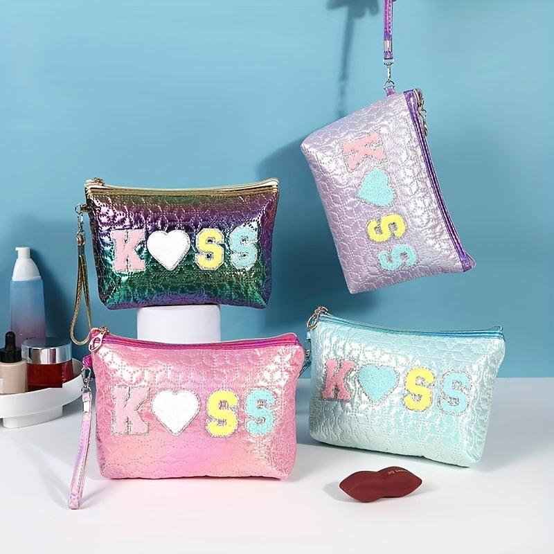 Embroidered Letter Patch Makeup Bag with Wrist Strap