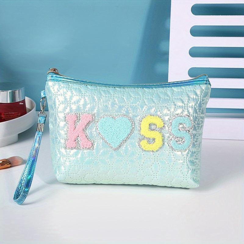 Embroidered Letter Patch Makeup Bag with Wrist Strap