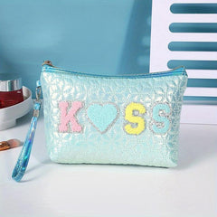 Embroidered Letter Patch Makeup Bag with Wrist Strap