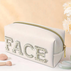 Pearl Rhinestone Varsity Letter Patches Cosmetic Bag