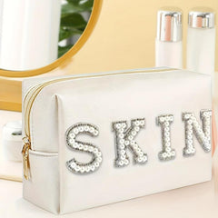 Pearl Rhinestone Varsity Letter Patches Cosmetic Bag