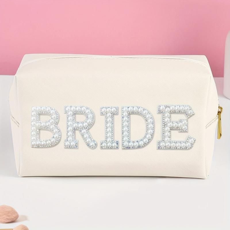 Pearl Rhinestone Varsity Letter Patches Cosmetic Bag