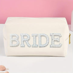 Pearl Rhinestone Varsity Letter Patches Cosmetic Bag