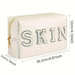 Pearl Rhinestone Varsity Letter Patches Cosmetic Bag
