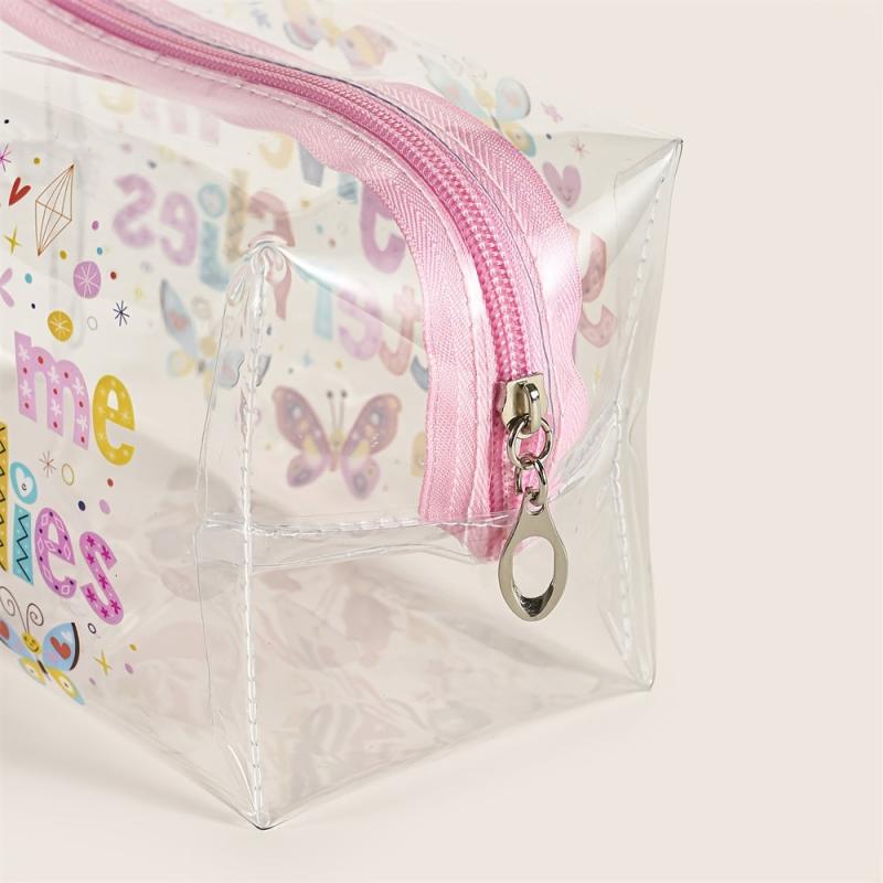 Butterfly Letter Pattern Makeup Bag PVC Waterproof Roomy Zipper Makeup Pouch