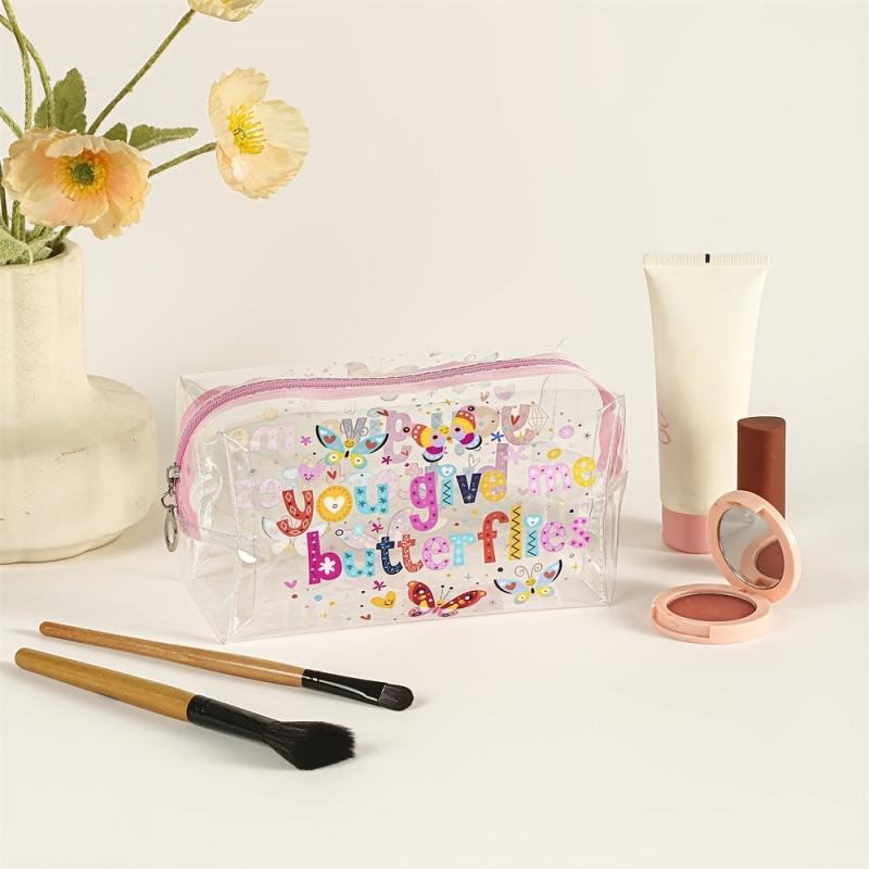 Butterfly Letter Pattern Makeup Bag PVC Waterproof Roomy Zipper Makeup Pouch