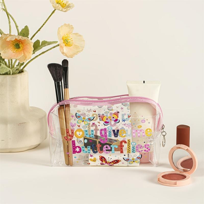 Butterfly Letter Pattern Makeup Bag PVC Waterproof Roomy Zipper Makeup Pouch