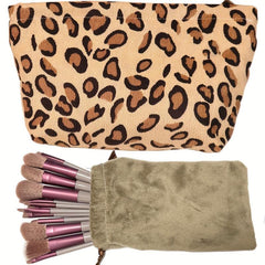 Leopard Print Makeup Bag Small Cosmetic Bag With 13pcs Makeup Brushes Set