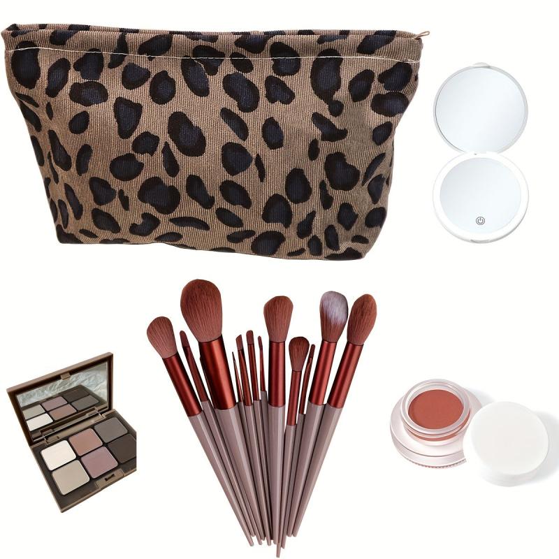 Leopard Print Makeup Bag Small Cosmetic Bag With 13pcs Makeup Brushes Set