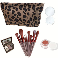 Leopard Print Makeup Bag Small Cosmetic Bag With 13pcs Makeup Brushes Set