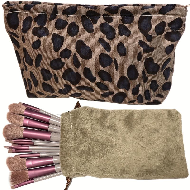 Leopard Print Makeup Bag Small Cosmetic Bag With 13pcs Makeup Brushes Set