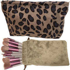 Leopard Print Makeup Bag Small Cosmetic Bag With 13pcs Makeup Brushes Set