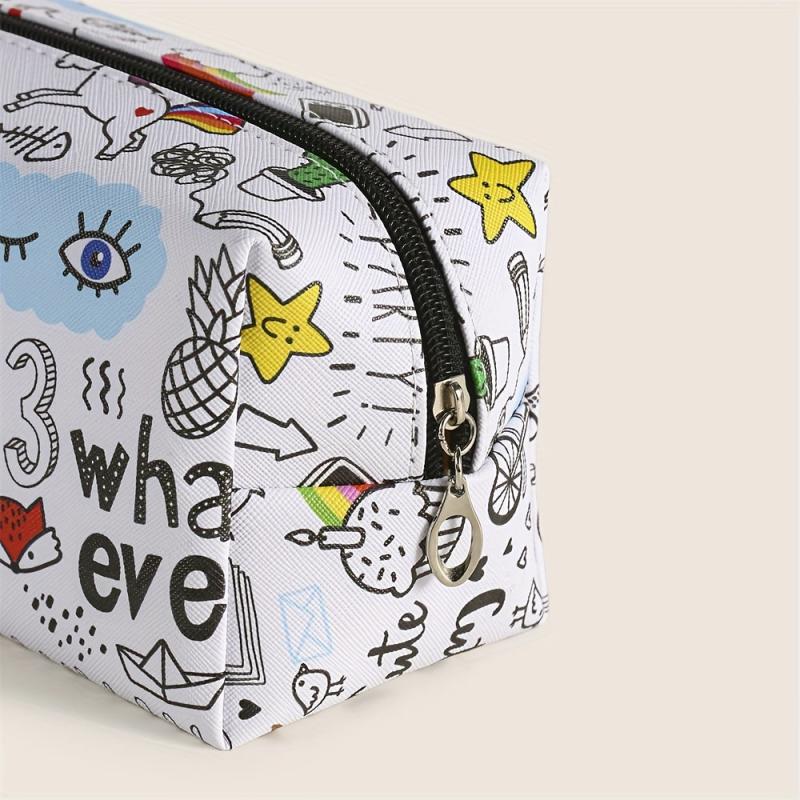 Graffiti Style Square PU Makeup Bag Zipper Creative Roomy Makeup Pouch