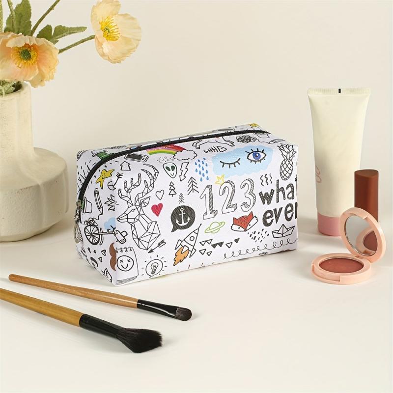 Graffiti Style Square PU Makeup Bag Zipper Creative Roomy Makeup Pouch