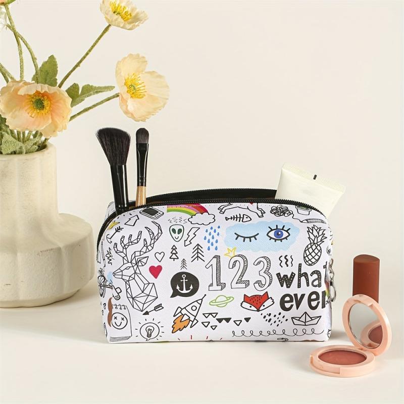 Graffiti Style Square PU Makeup Bag Zipper Creative Roomy Makeup Pouch