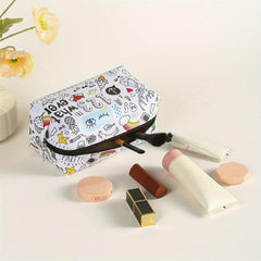 Graffiti Style Square PU Makeup Bag Zipper Creative Roomy Makeup Pouch
