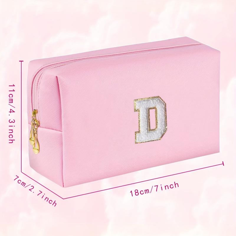 Small Pink Initial Makeup Bag Cosmetic Toiletry Pouch with Chenille Letter Patch