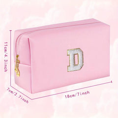 Small Pink Initial Makeup Bag Cosmetic Toiletry Pouch with Chenille Letter Patch