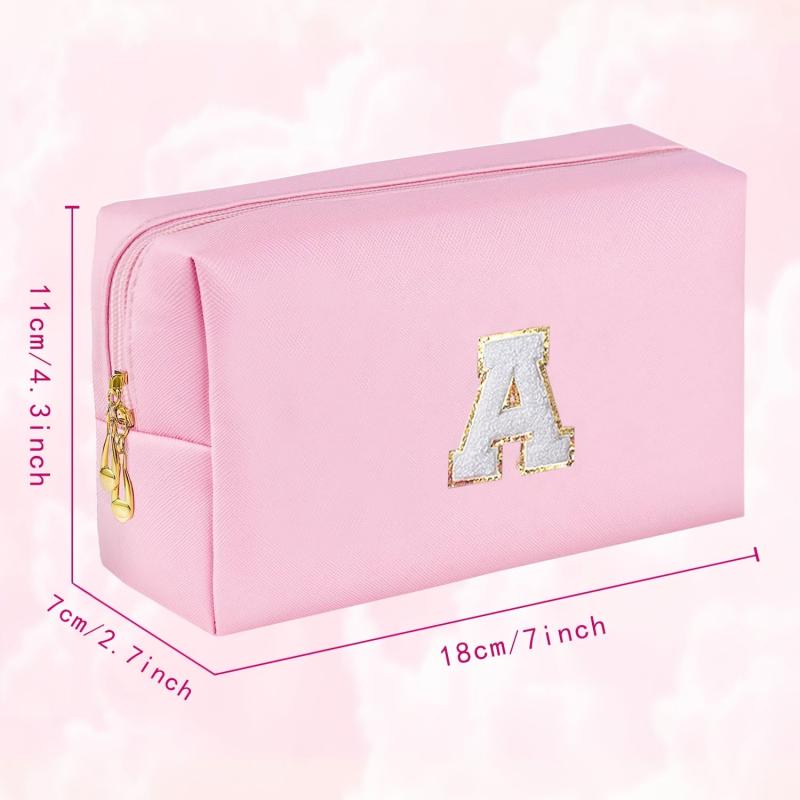 Small Pink Initial Makeup Bag Cosmetic Toiletry Pouch with Chenille Letter Patch