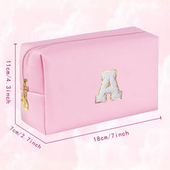 Small Pink Initial Makeup Bag Cosmetic Toiletry Pouch with Chenille Letter Patch