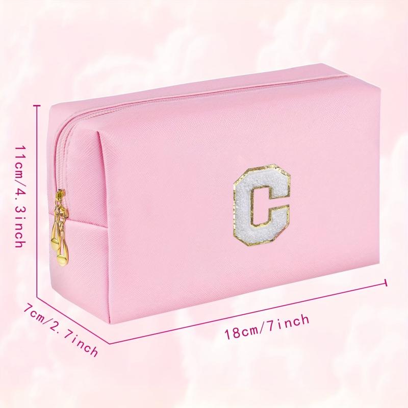 Small Pink Initial Makeup Bag Cosmetic Toiletry Pouch with Chenille Letter Patch