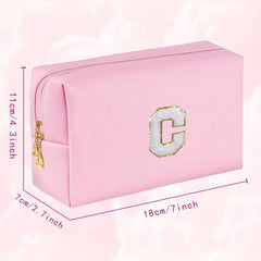 Small Pink Initial Makeup Bag Cosmetic Toiletry Pouch with Chenille Letter Patch