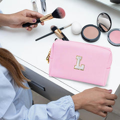 Small Pink Initial Makeup Bag Cosmetic Toiletry Pouch with Chenille Letter Patch