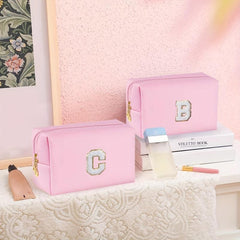 Small Pink Initial Makeup Bag Cosmetic Toiletry Pouch with Chenille Letter Patch