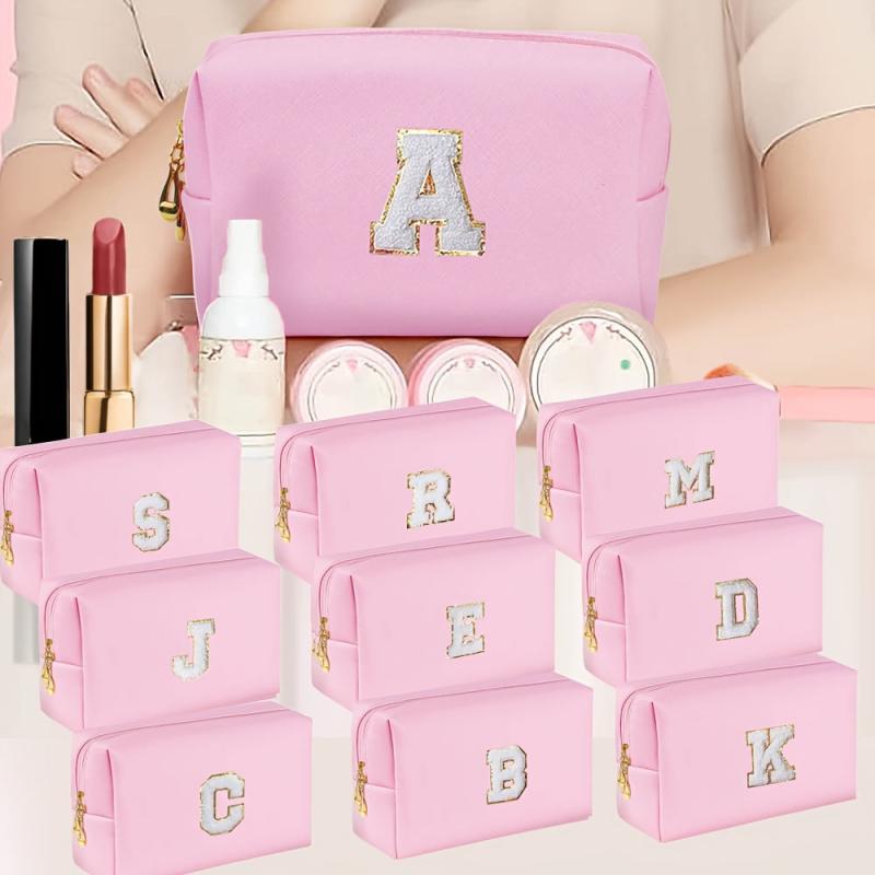 Small Pink Initial Makeup Bag Cosmetic Toiletry Pouch with Chenille Letter Patch