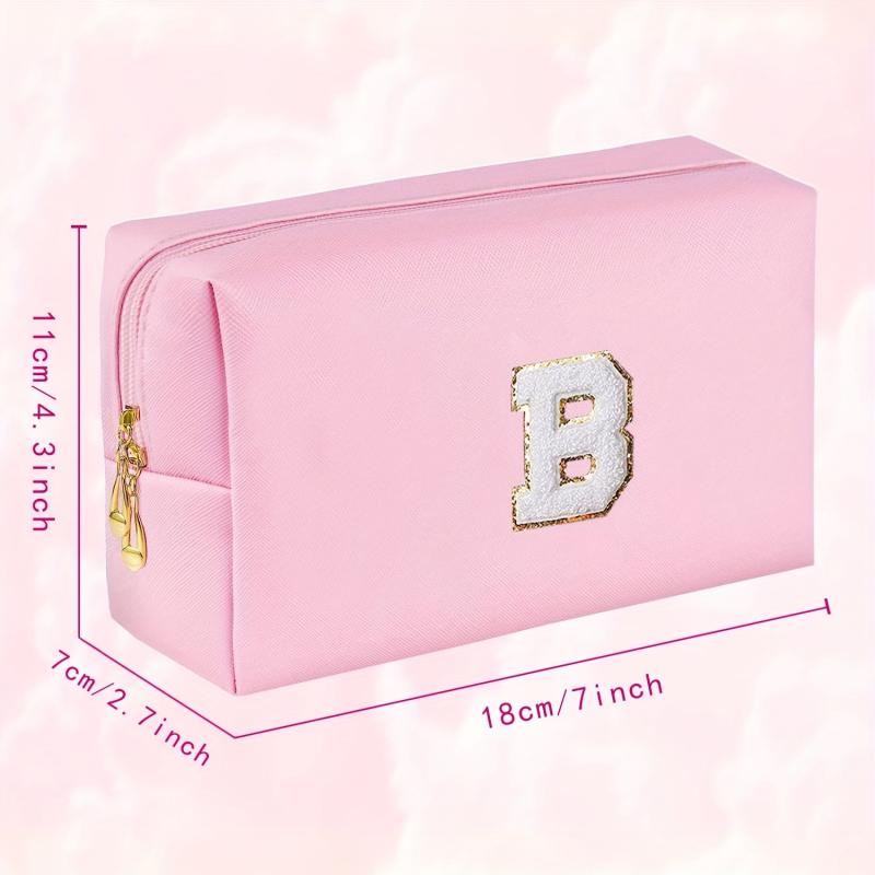 Small Pink Initial Makeup Bag Cosmetic Toiletry Pouch with Chenille Letter Patch