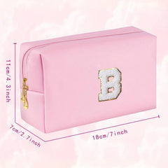 Small Pink Initial Makeup Bag Cosmetic Toiletry Pouch with Chenille Letter Patch