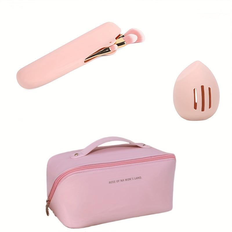 3pcs Makeup Bag Kit Waterproof Travel Cosmetic Sponge Holder & Brush Organizer
