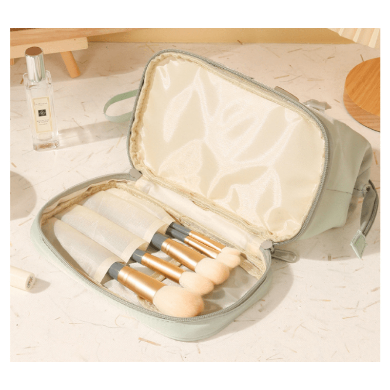 Double Layer Cosmetic Bag Portable Makeup Bag with Brush Organizer Green