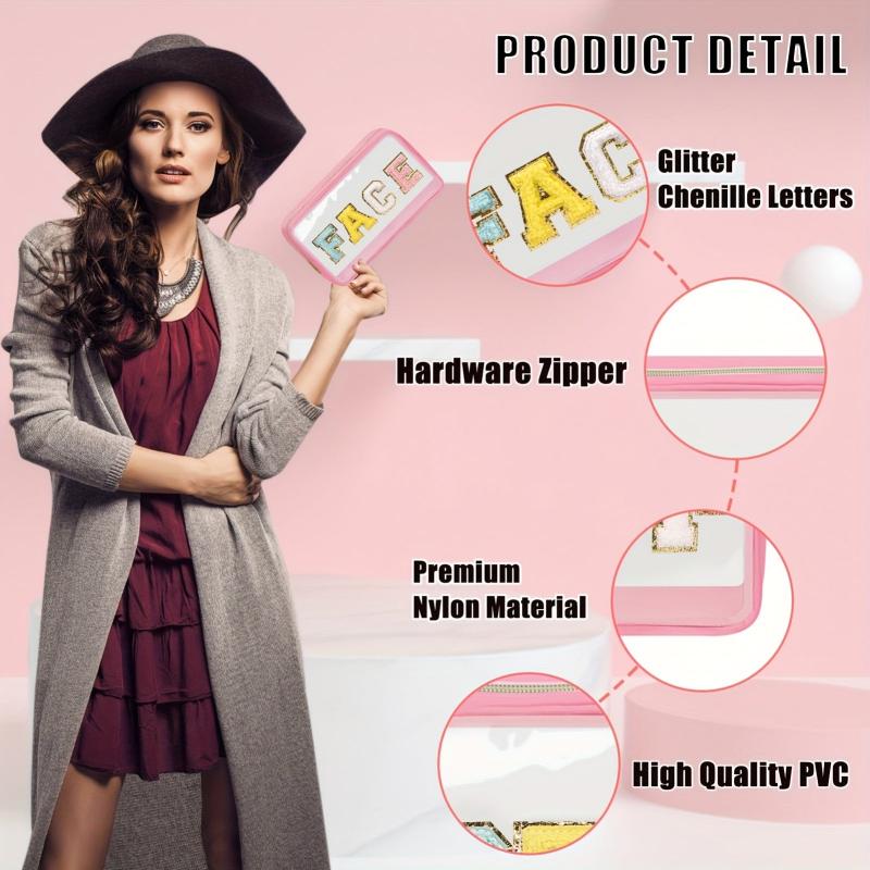 Chenille Letter Clear Makeup Bags Face Pouch Preppy Patch Cosmetic Bag