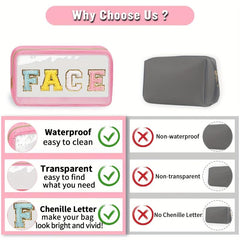Chenille Letter Clear Makeup Bags Face Pouch Preppy Patch Cosmetic Bag