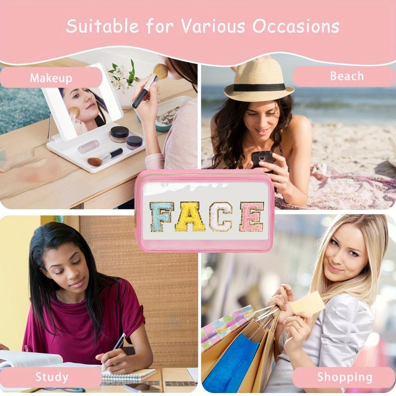 Chenille Letter Clear Makeup Bags Face Pouch Preppy Patch Cosmetic Bag