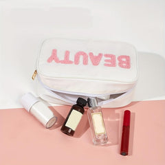 Chenille Letter Patch Makeup Bag Travel Toiletry Pouch