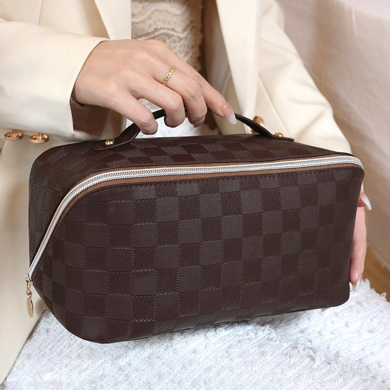 Travel Makeup Bag Waterproof Checkered Organizer with Dividers & Handle