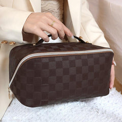 Travel Makeup Bag Waterproof Checkered Organizer with Dividers & Handle