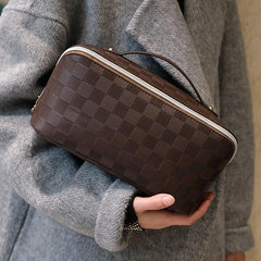 Travel Makeup Bag Waterproof Checkered Organizer with Dividers & Handle
