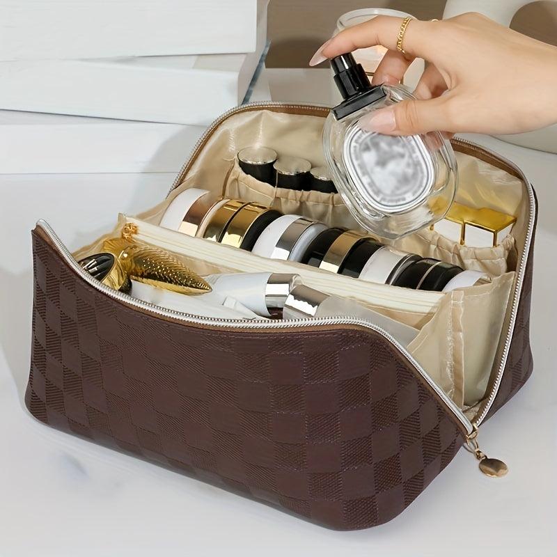 Travel Makeup Bag Waterproof Checkered Organizer with Dividers & Handle
