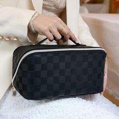 Travel Makeup Bag Waterproof Checkered Organizer with Dividers & Handle
