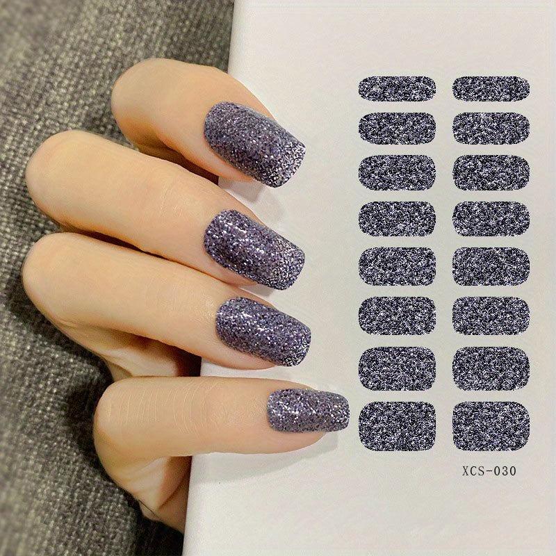 16 Pcs Sparkly Solid Full Cover Nail Art Stickers Glitter Nail Strips Decal